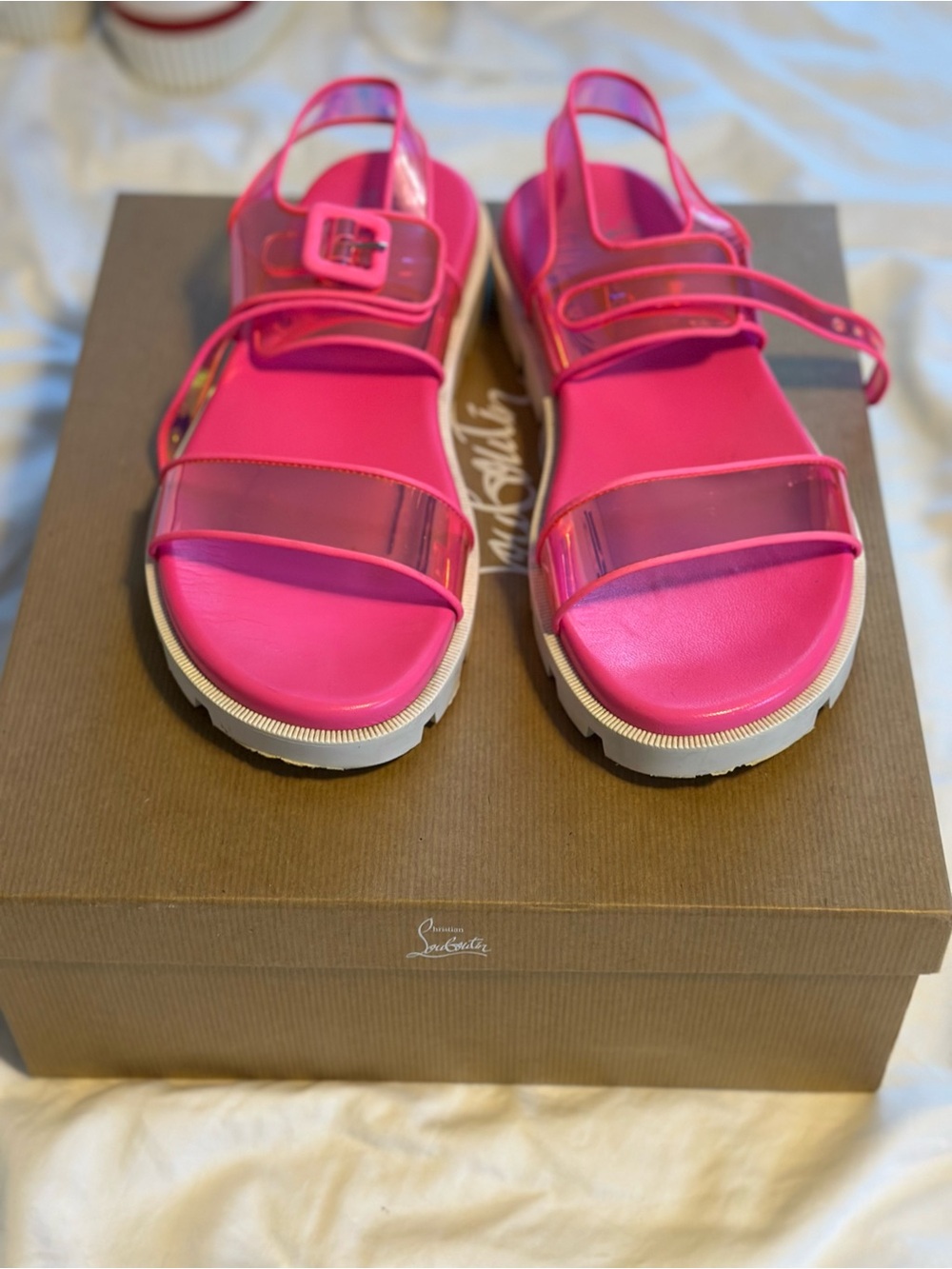 Christian Louboutin Duniss Cool Fluo Pink PVC Flat Sandals Size 40.5